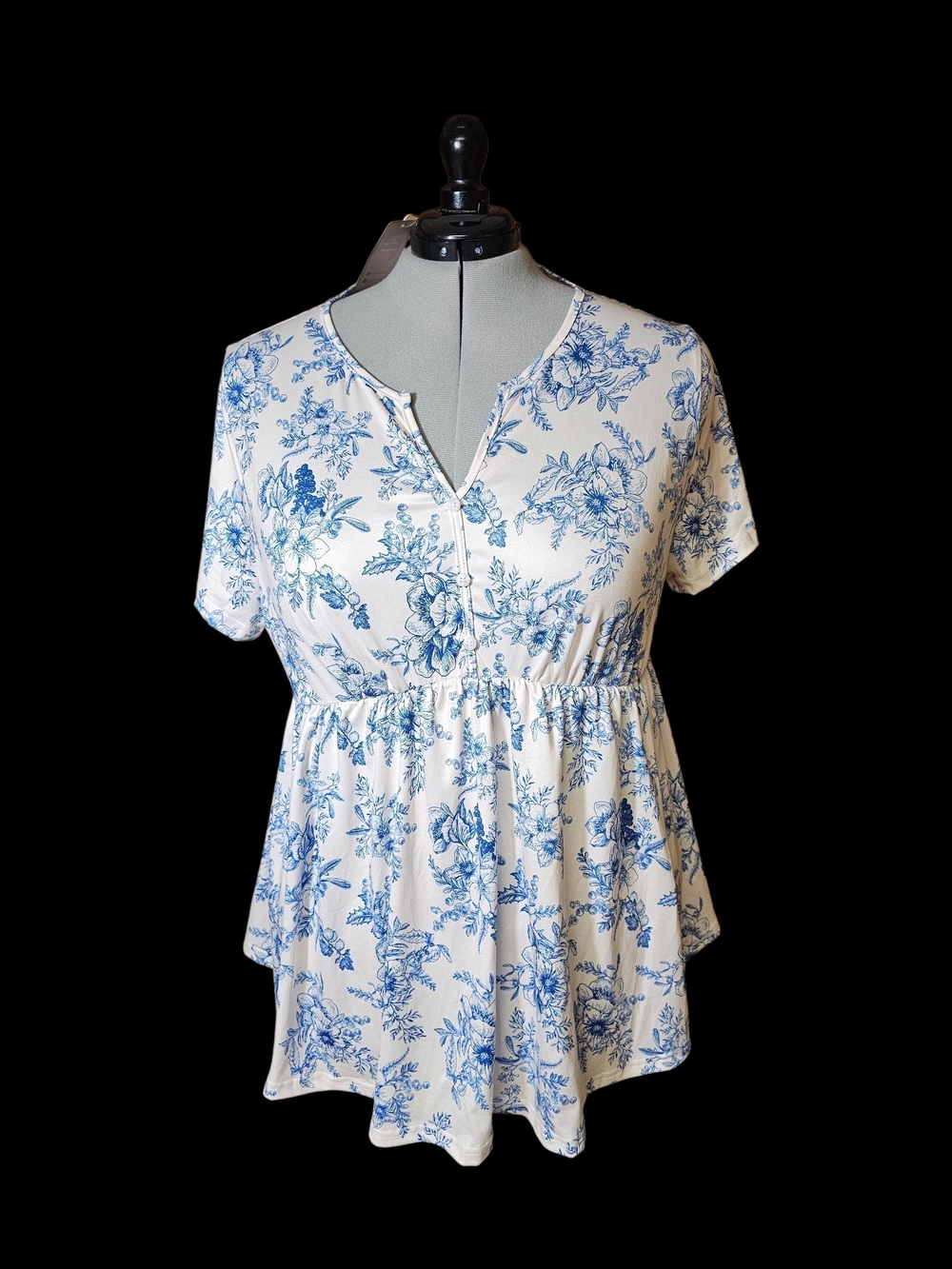 White & Blue Floral Peplum Tunic Top - Women's